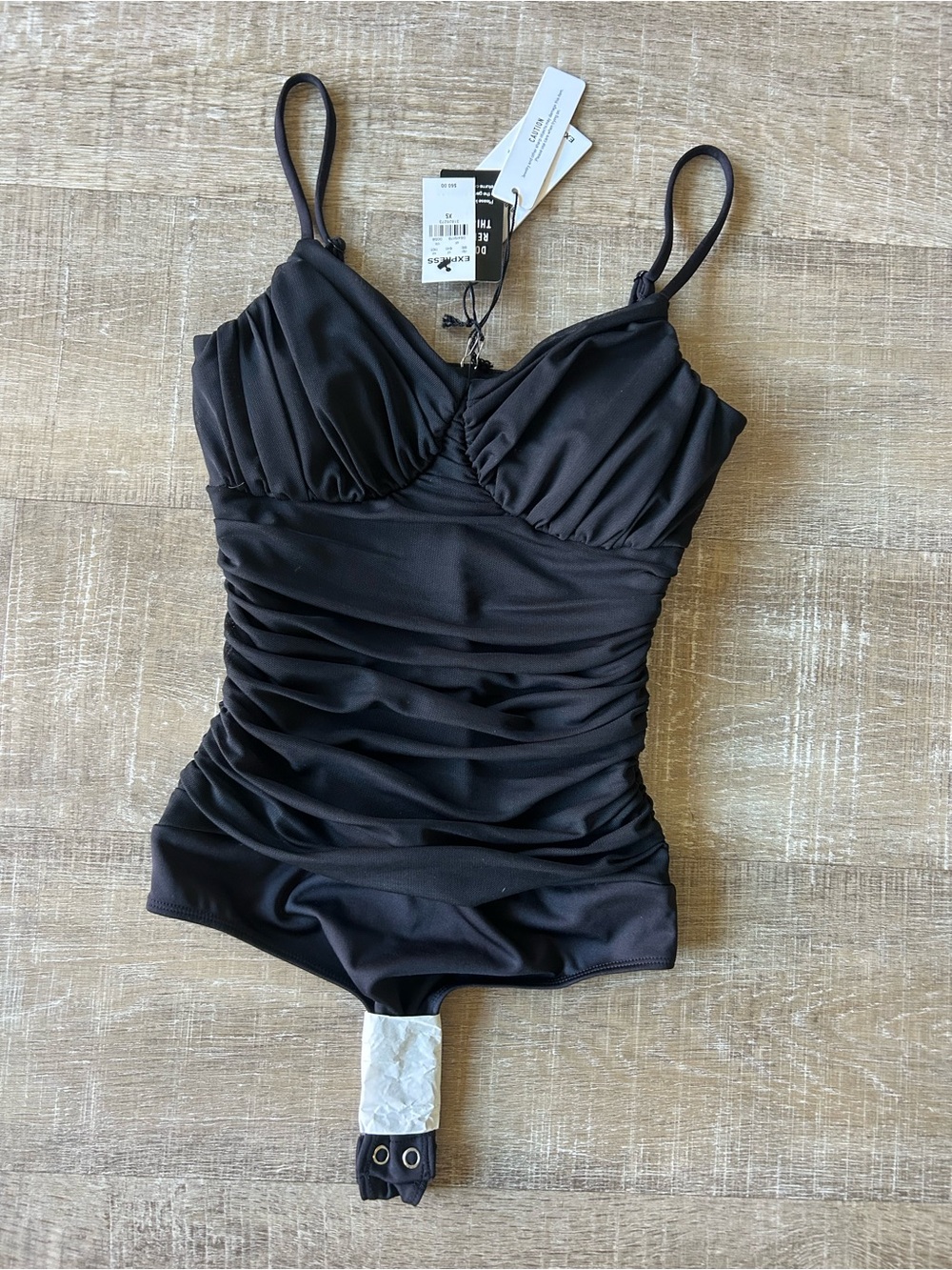 Express Body Contour Ruched Mesh V Neck Bodysuit Black XS NWT $60
